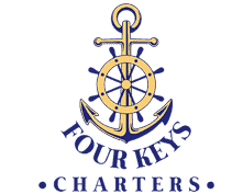 A golden anchor with a ship's wheel in the center, set against a dark blue background with horizontal stripes.