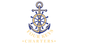 Logo of "four keys charters" featuring a blue anchor intertwined with a gold steering wheel, set against a white background.